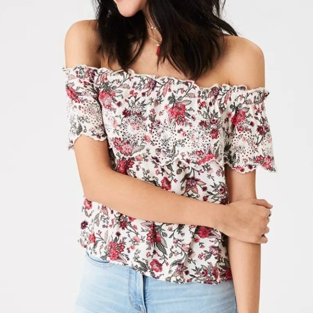 American Eagle Floral Off Shoulder Top‎ Sz XL Boho Eyelet Country Cottage Garden
